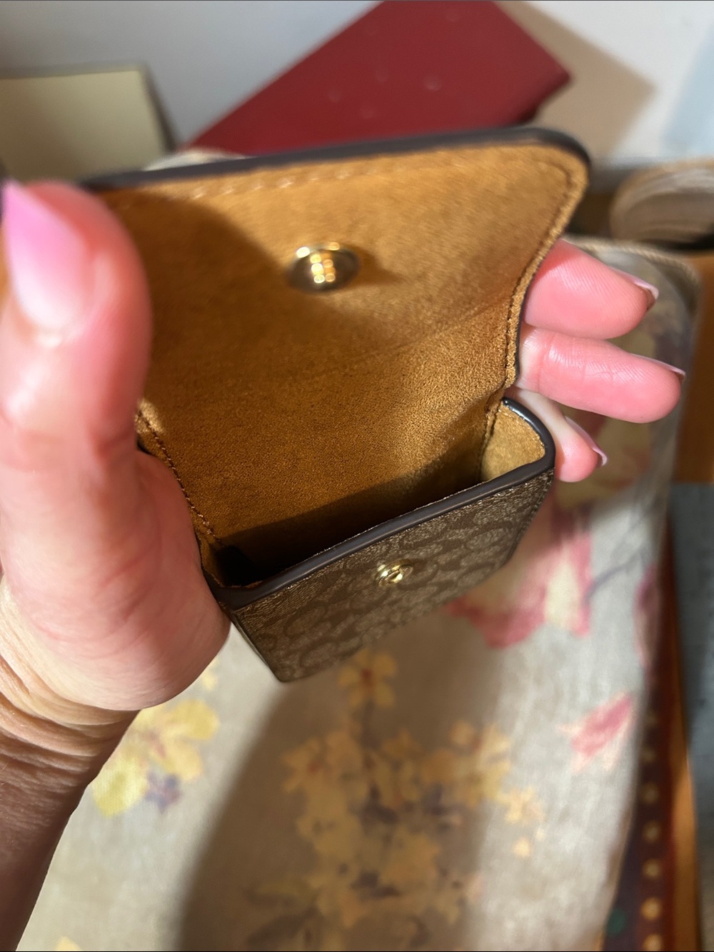 Coach Brown Signature Canvas Earbud Charging Case Pouch and Keyring - Picture 5 of 5